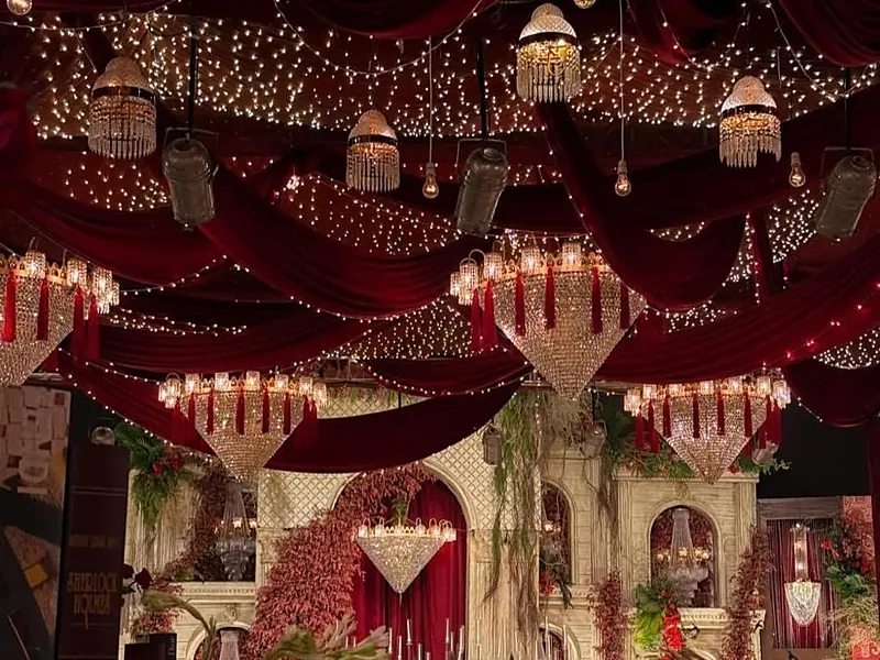 Wedding stage decor design 4 — floral stage, sofa and backdrop
