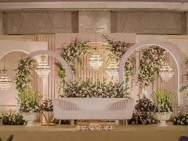 Wedding stage decor design 5 — floral stage, sofa and backdrop