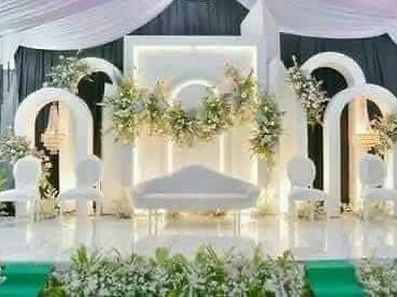 Wedding stage decor design 6 — floral stage, sofa and backdrop