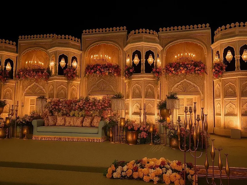 Wedding stage decor design 7 — floral stage, sofa and backdrop