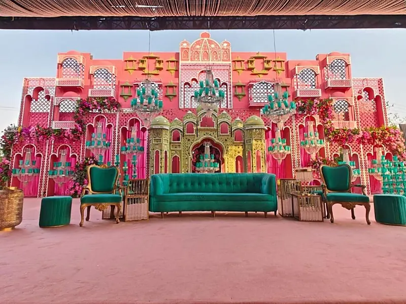 Wedding stage decor design 8 — floral stage, sofa and backdrop