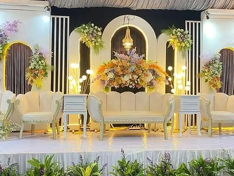 Wedding stage decor design 11 — floral stage, sofa and backdrop
