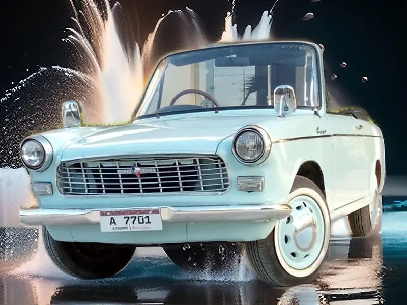 Classic pale-blue car for a bride and groom entry