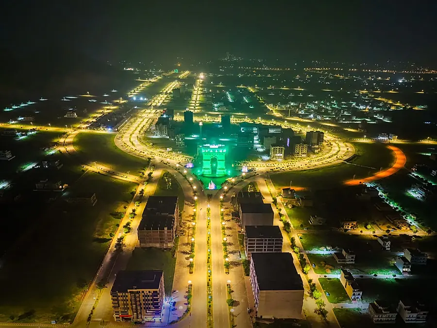 Aerial night view of Faisal Hills main boulevard, Taxila
